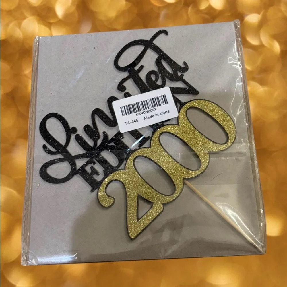 Limited Edition 2000 Cake Topper - Black and Gold Glitter Party Decoration